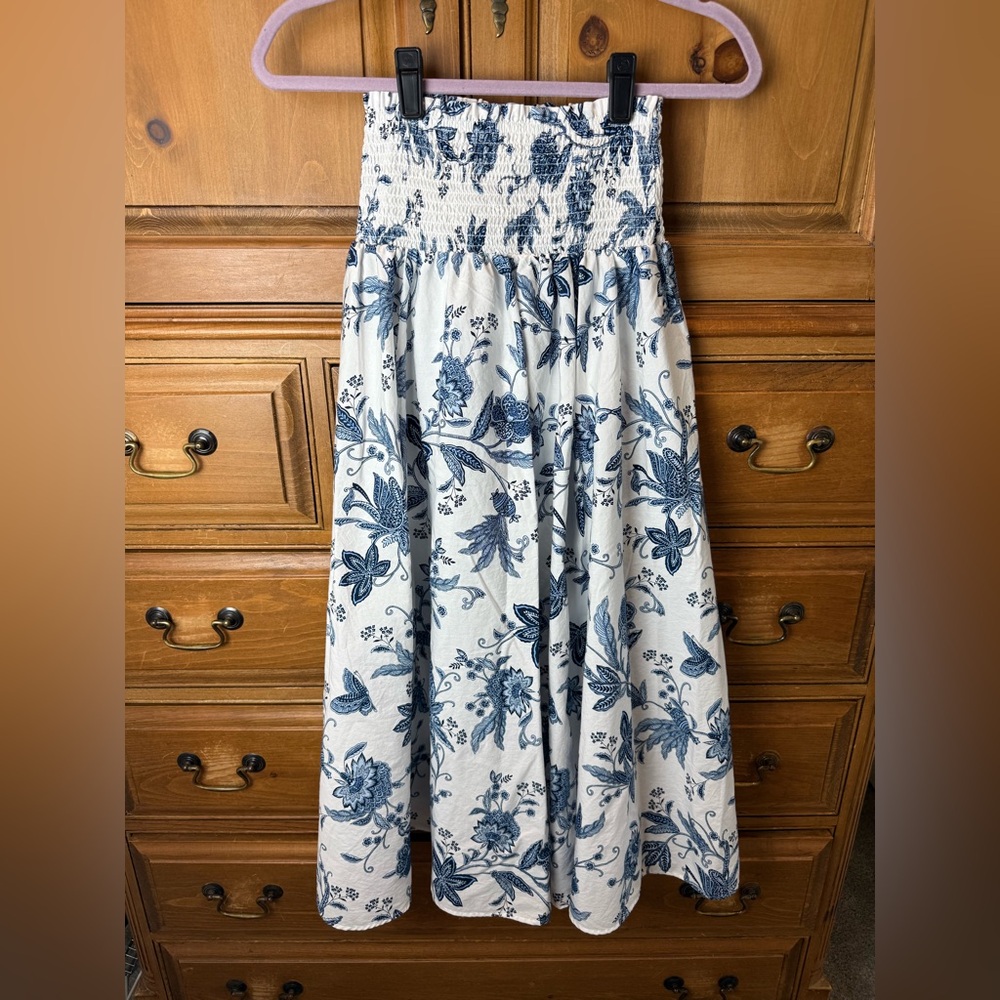H&M Blue Floral Smocked-Waist Midi Skirt
